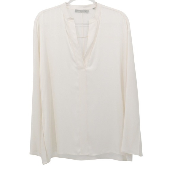 Vince Oversized Silk Tunic Blouse V Neck Long Sleeve High Low Cream Size Medium - Picture 2 of 8